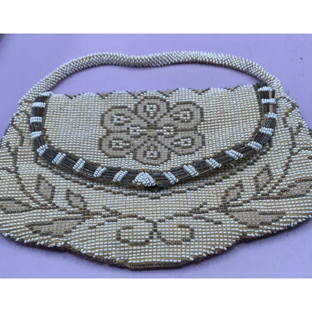 Vintage Beaded Evening Bag Purse Womens Ivory Cream Floral Flap Handheld *READ*